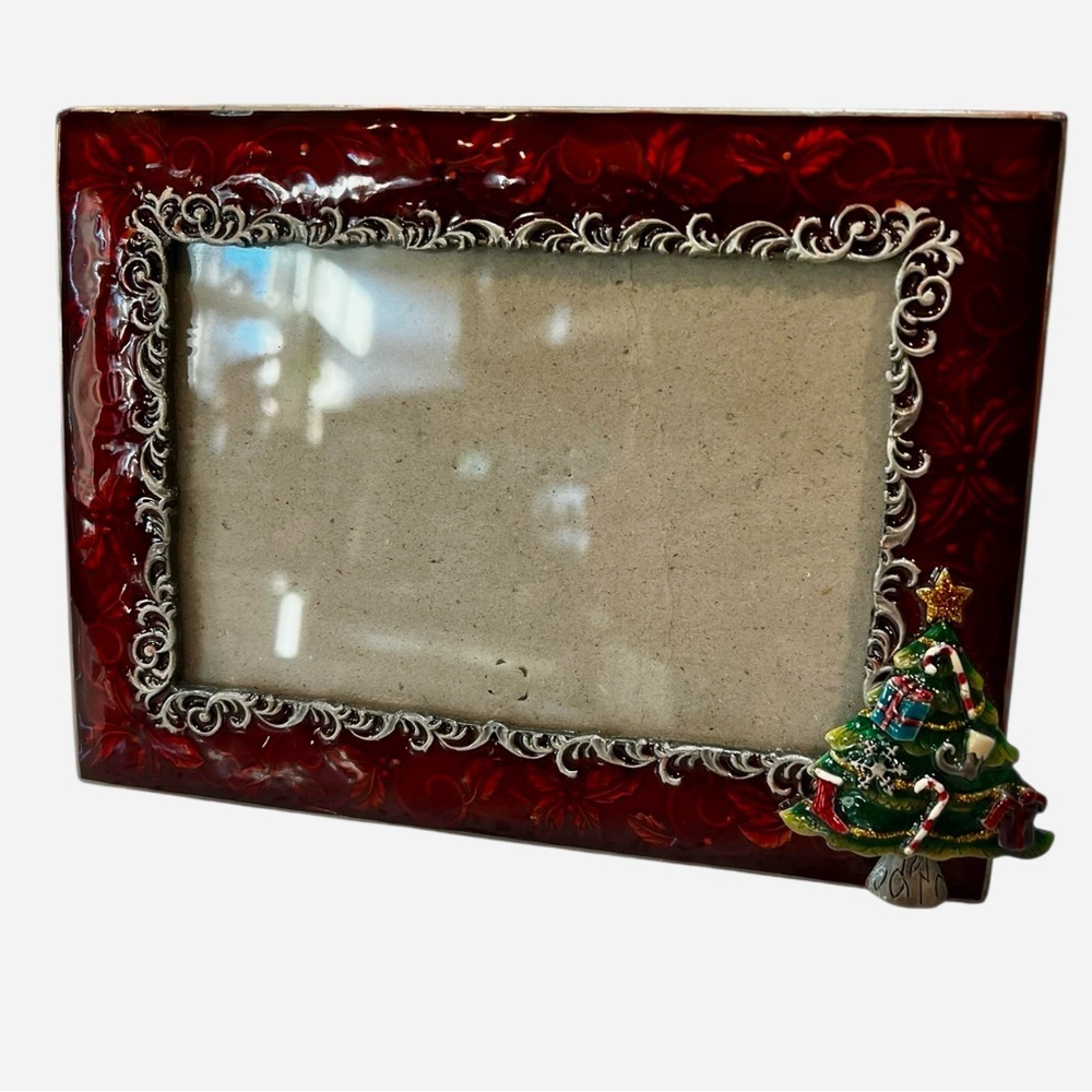 Red Decorative Epoxy Photo Frame with Christmas Tree Accent EUC